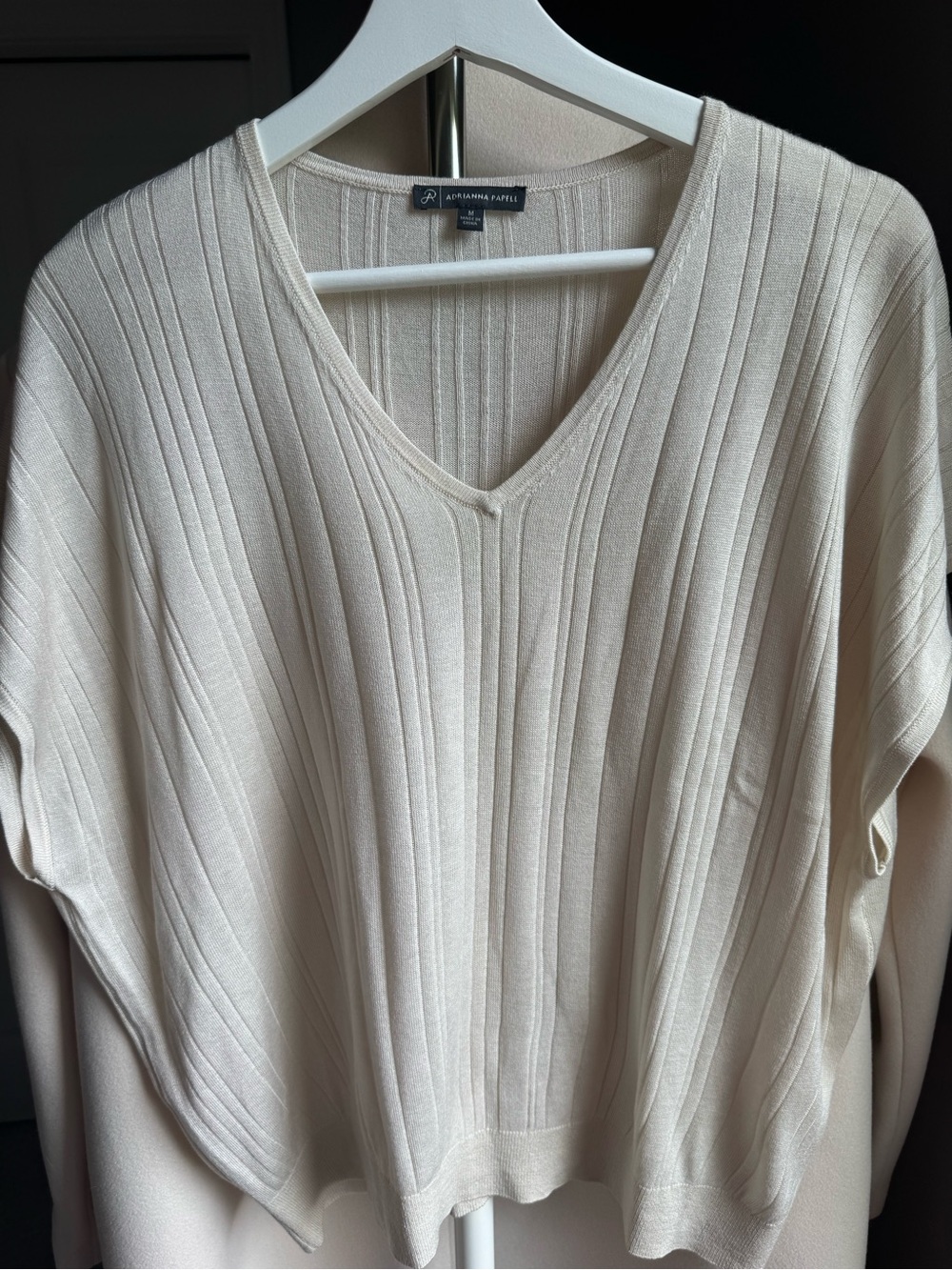Adrianna Papell Cream Ribbed V-Neck Sweater